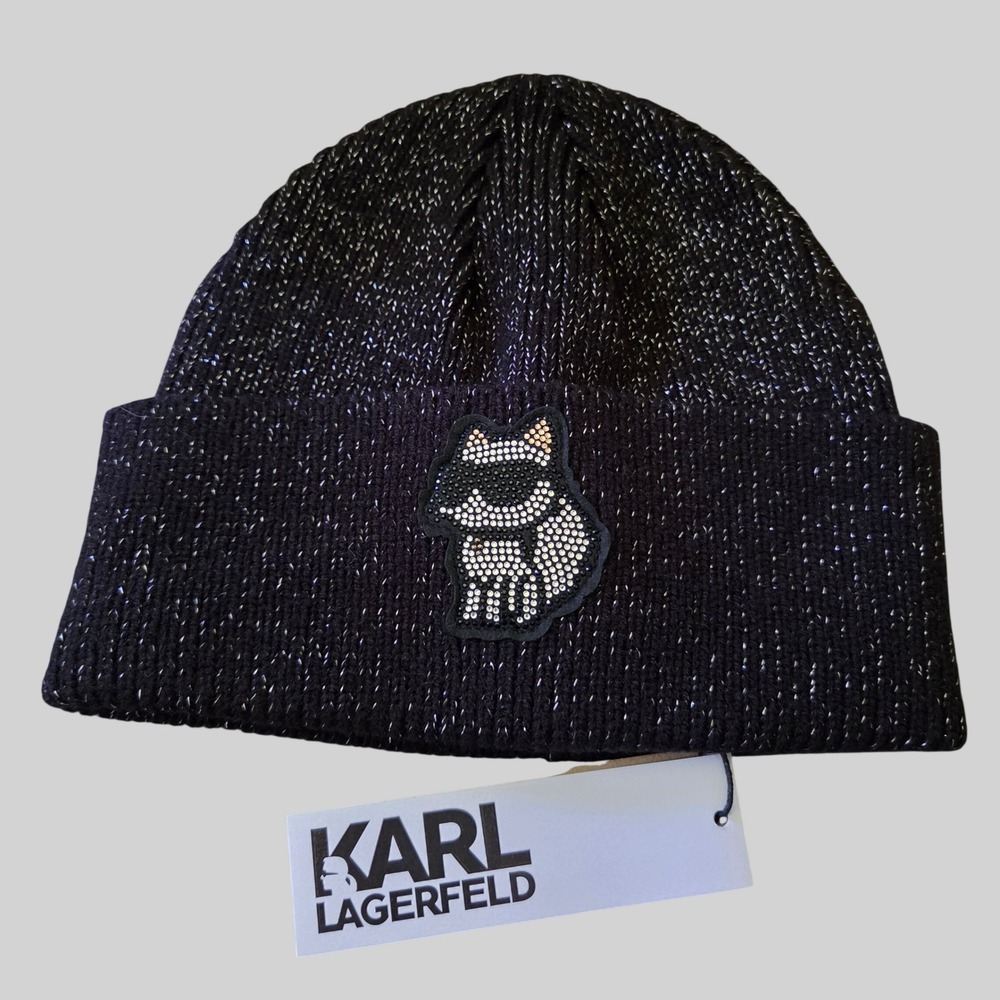 Karl Lagerfeld Kikonik 2.0 Choupette Cat Rhinestone Wool Beanie Hat Black Silver